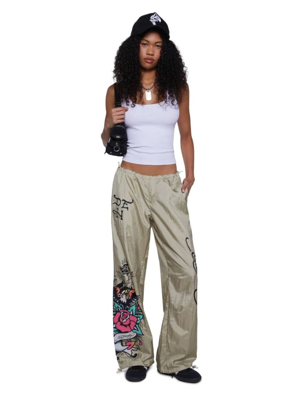 NWT Ed Hardy Women's Eagle Anchor Nylon Pants Gold Size Medium